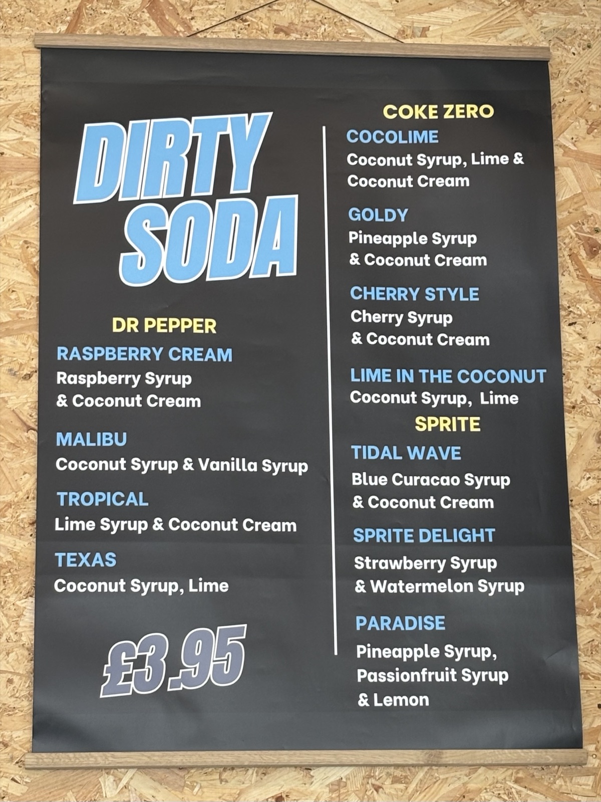 Dirty soda menu board — flavoured syrups and cream over Coke Zero, Dr Pepper or Sprite