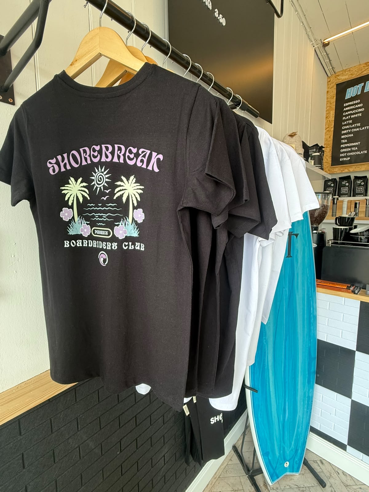 Shorebreak Boardriders Club t-shirts on the rail